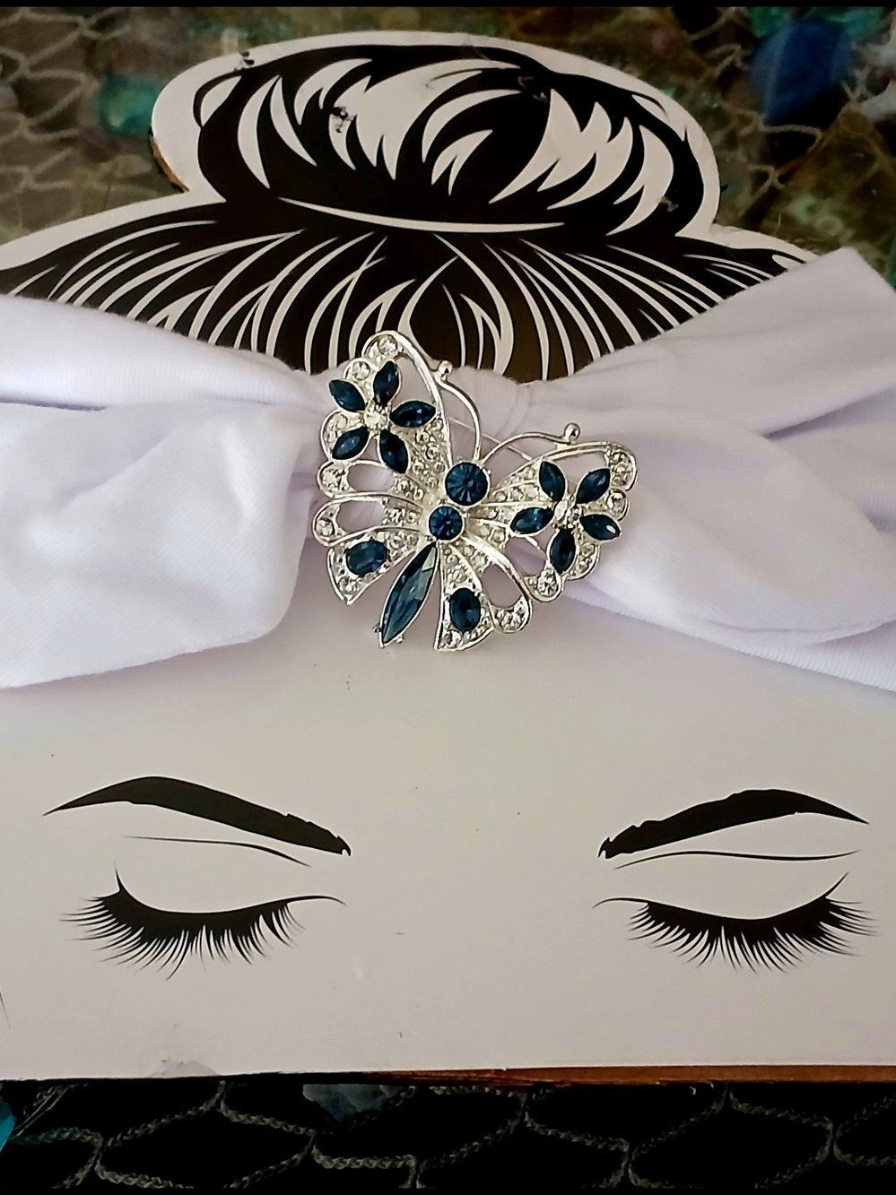 Silver Butterfly Hair Brooch with Dark Blue Stones
